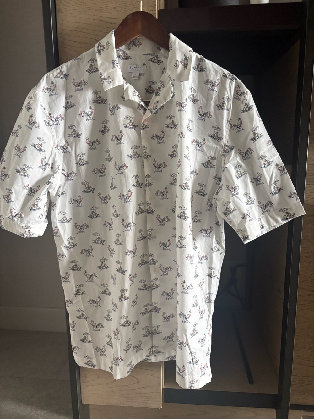 Sunspel White Short-Sleeve Button-Down Shirt with Small Black and Red Print
